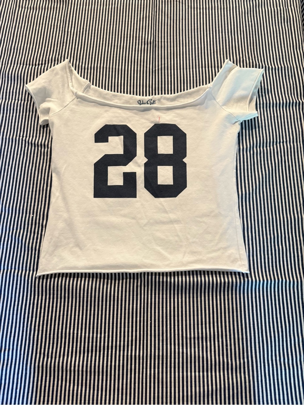 Brandy Melville White Off-Shoulder Crop Top with Black '28' Graphic